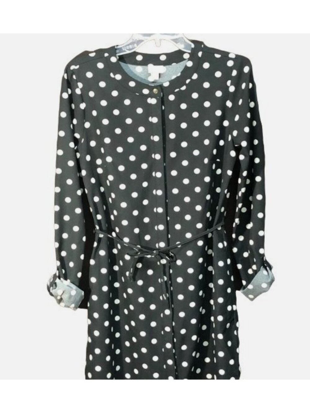 merona s/p black white polka dot dress polyester blend tie waist long READ